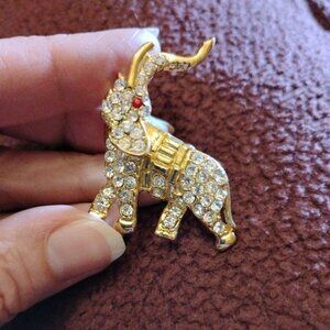 Gold and White Clear Crystals Elephant Brooch with Red Accent Eyes & Moving Head